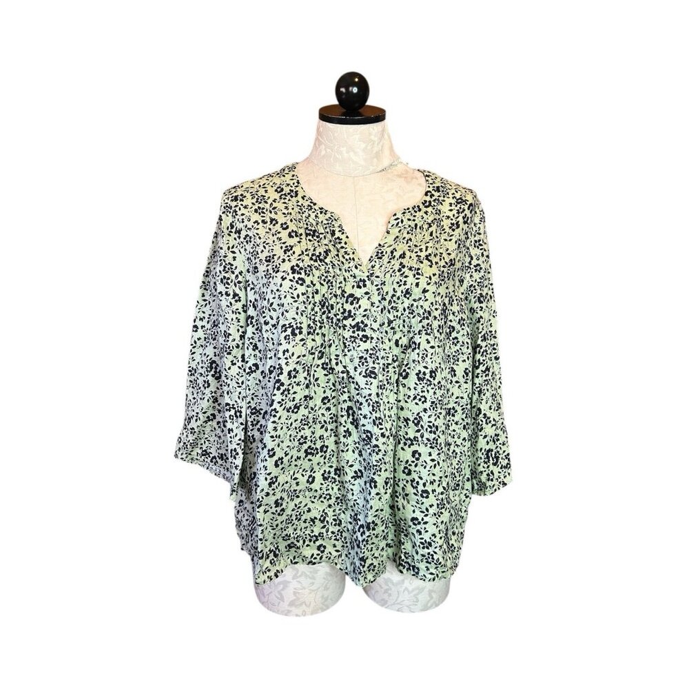 J. Jill Green & Blue‎ Floral Print Love LINEN Size S PETITE 3/4 Wide Sleeves Top